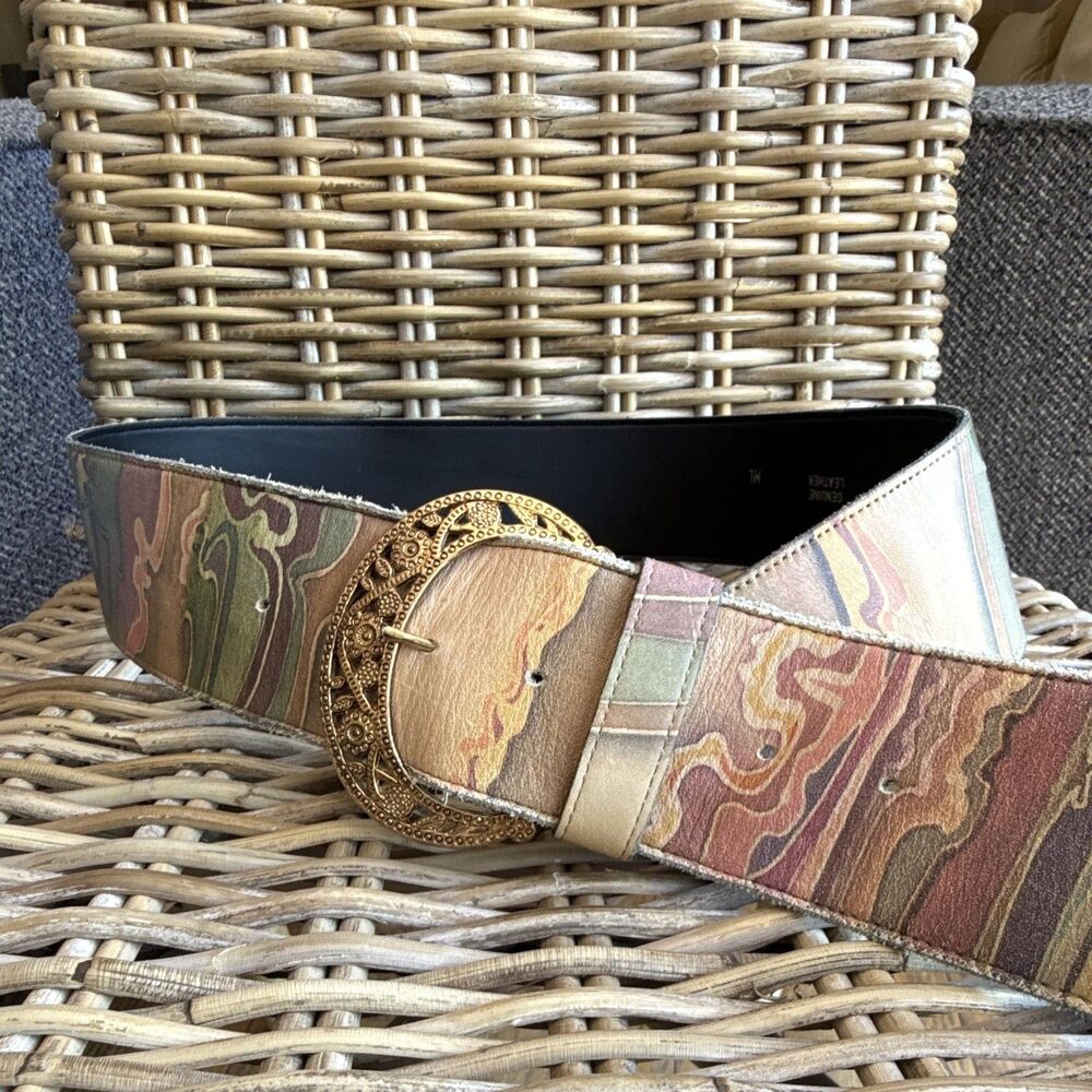 Vintage  M/L Multicolor Wide leather Belt Boho statement Gold-Tone buckle